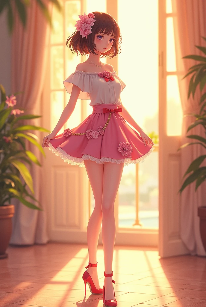 Ultra high quality，Long legs，cute，Sunlight，Off-shoulder，Wear flowers on your head，charming，Ribbon，Pink miniskirt，Flowers on skirt，High heel，whole body，High School Students