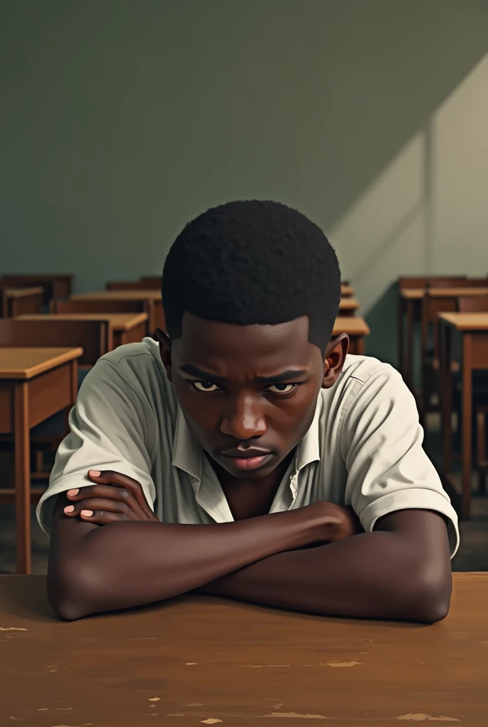 un jeune Burkinabe qui se lamente des debuts de cours ses coudes places sur la table
