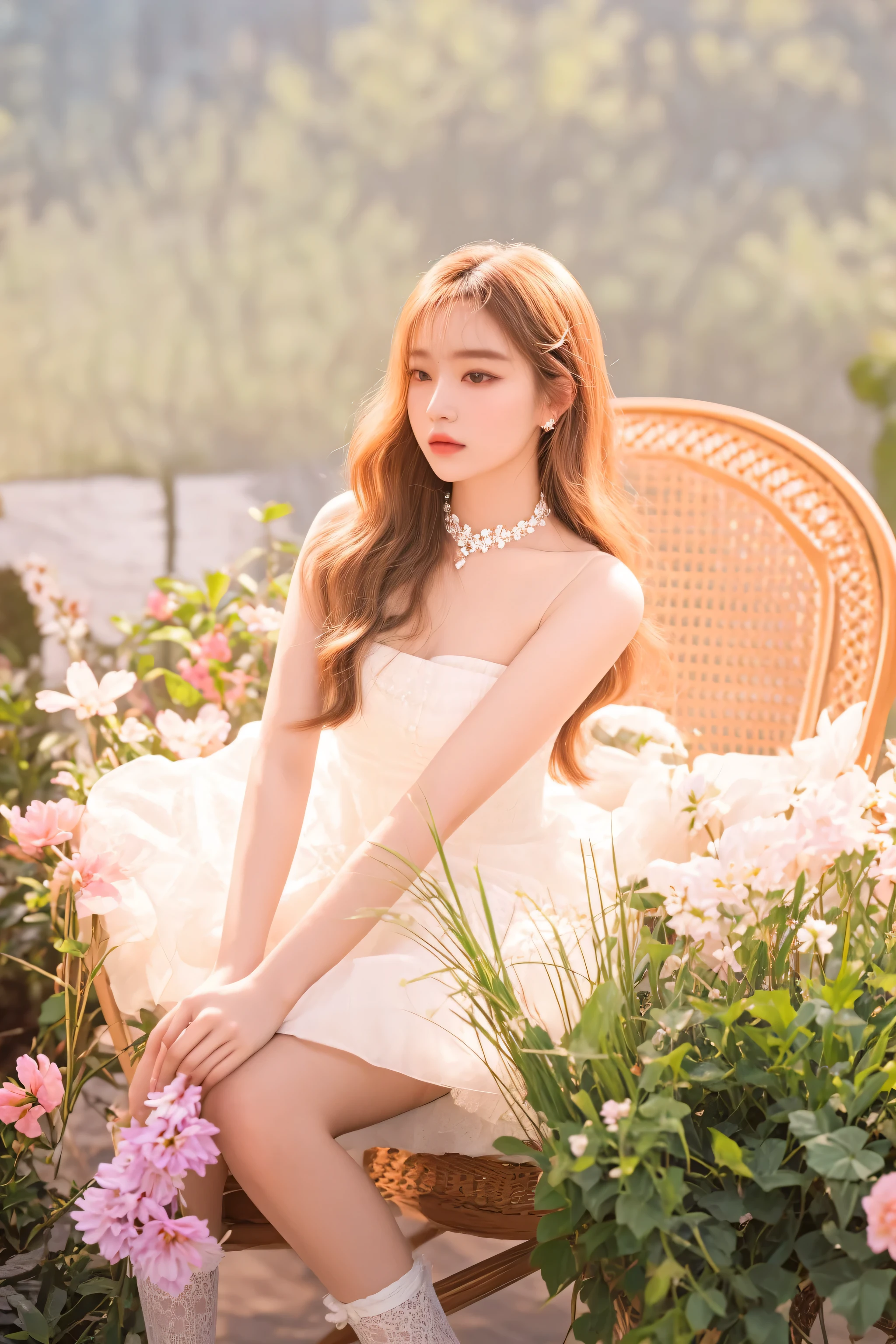 araffe woman sitting on a chair in a garden with flowers, lalisa manobal, portrait of jossi of blackpink, spring day, jia, sun yunjoo, hot with shining sun, lalisa manoban of blackpink, jossi of blackpink, dreamy and ethereal, photoshoot, ethereal and dreamy, fanart, inspired by Huang Ji, lily, official artwork