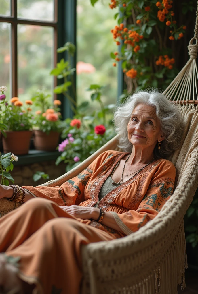 Senior woman 6 bohemian hippie relaxing in her hammock on the terrace in the garden
