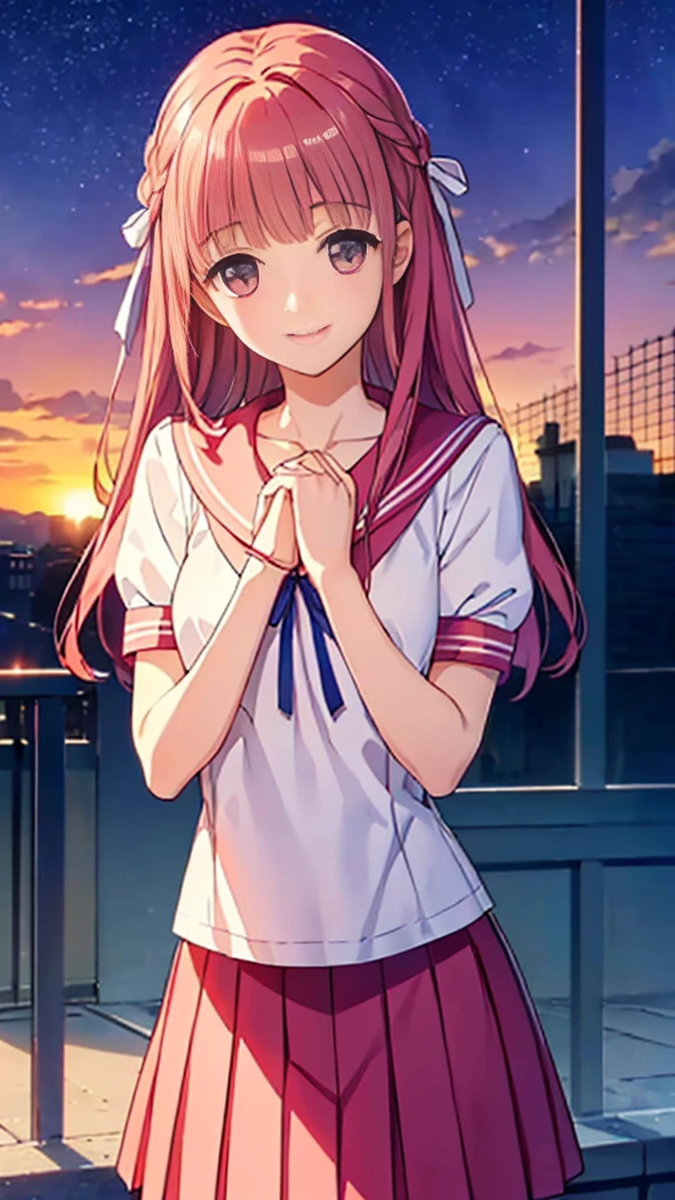 Highest quality, (masterpiece:1.2), Very detailed, Siren, in the form of a very beautiful girl, stands., (((Beautiful long, Very shiny pink hair))), She has a big ribbon in her hair., ((Pink Sailor Suit)), ((Pink pleated skirt)), Silk ivory blouse, Puff sleeves with ivory ribbon, Smile at your audience, ((so beautiful, detailed, Clear pink eyes)), Laughter, Big ribbon bow tie, An elegant and gentle expression like a noble princess, (( (Winter Night、With the sunset and the fence behind、Receiving a confession on the school rooftop。I got closest to that smile:1.1)), (Place your hands on your chest:1.3), Two Arms, (cinematic angle:1.1),