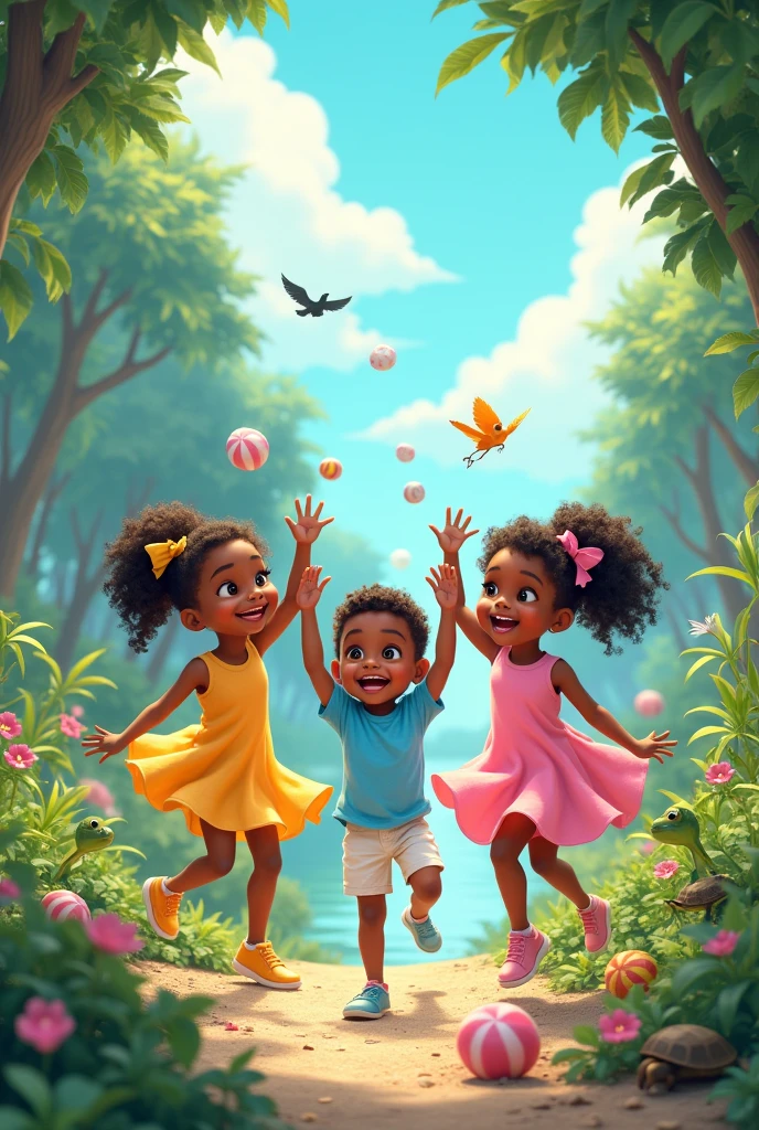 Several 4-year-old black children, girls in dresses, pink and yellow and boys in white shorts and blue shirts, green and purple, playing in beautiful nature! Predominant Colors, azul e rosa com balas e marshmallow ao redor, and little birds,frogs and turtle 
