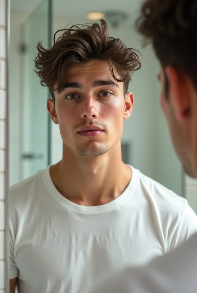 Realistic man photo like shawn Mendes  taking selfie in mirror 