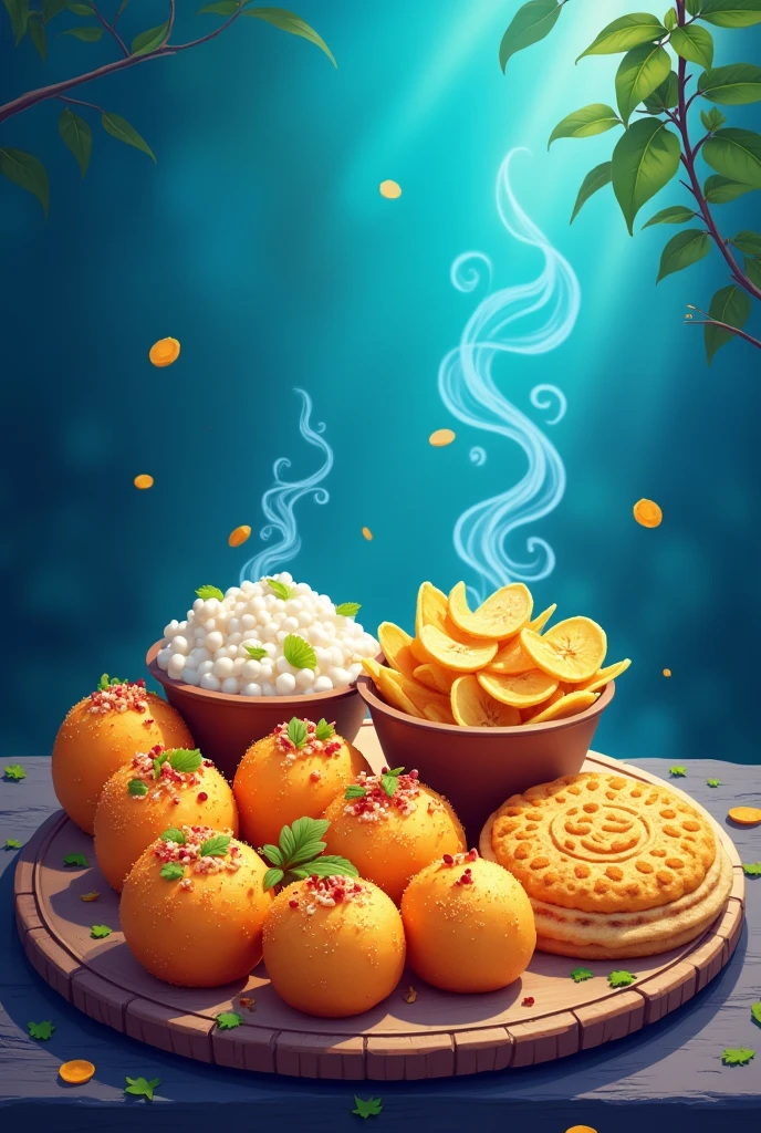 Make me a poster backgroud which theams keralian street snacks and also a blue theam should be in the background