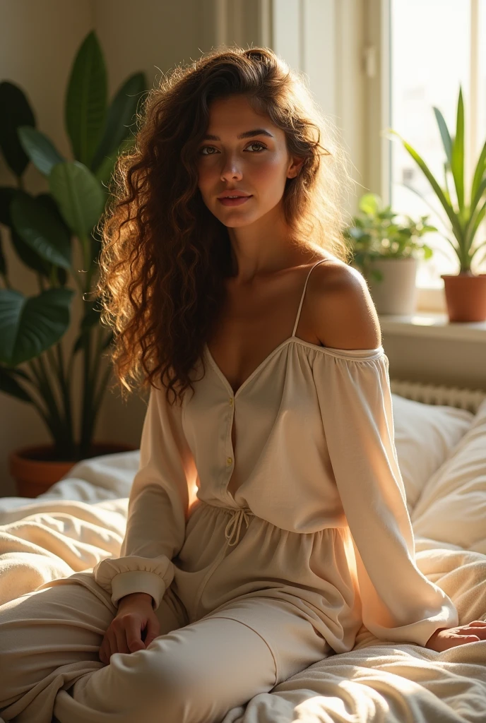 (photorealism:1.2), beautiful woman, sitting on bed, wearing loose off-shoulder top, pajama pants, long curly hair, indoors, soft lighting, plants in background, window with sunlight, cozy room, relaxed pose, realistic, intricate details, warm colors, by Greg Rutkowski, by Alphonse Mucha