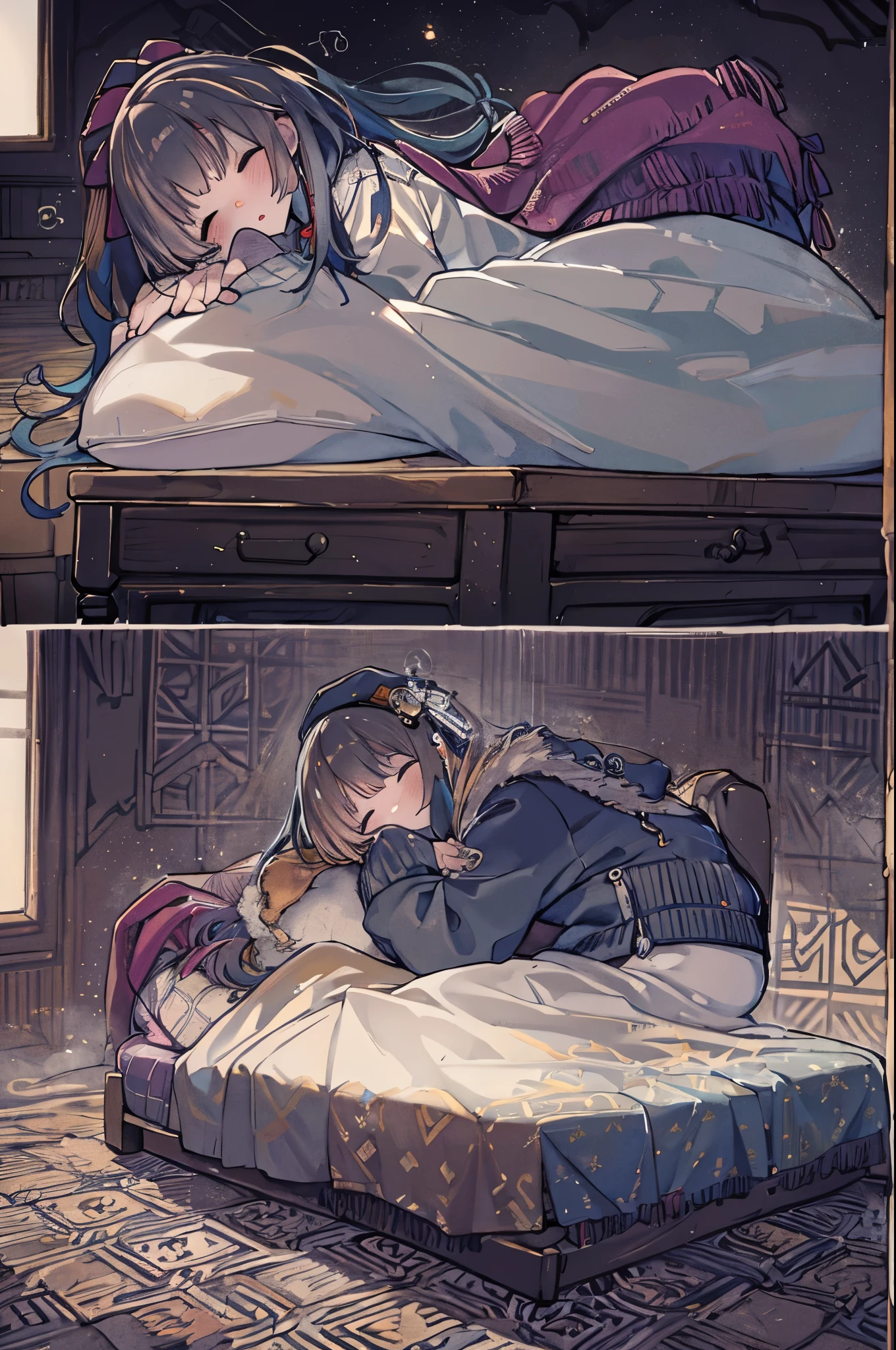 Tabletop, Highest quality, 1 person, alone, effect, Dark Background, Sleeping in bed with a sleepy face