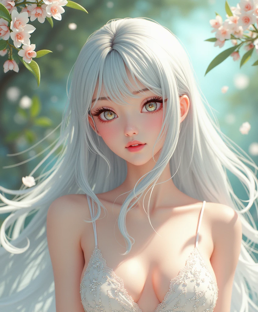 ((masterpiece)), ((best quality)), ((highres)), ((extremely detailed CG unity 8k wallpaper)), beautiful detailed eyes, beautiful detailed lips, extremely detailed eyes and face, long eyelashes, silver-haired woman, serene expression, detailed flowing dress, shimmering silver hair, lush outdoor garden setting, atmospheric lighting