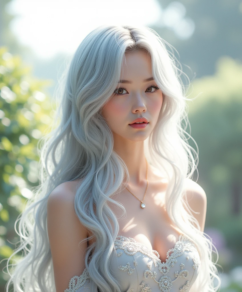((masterpiece)), ((best quality)), ((highres)), ((extremely detailed CG unity 8k wallpaper)), beautiful detailed eyes, beautiful detailed lips, extremely detailed eyes and face, long eyelashes, silver-haired woman, serene expression, detailed flowing dress, shimmering silver hair, lush outdoor garden setting, atmospheric lighting