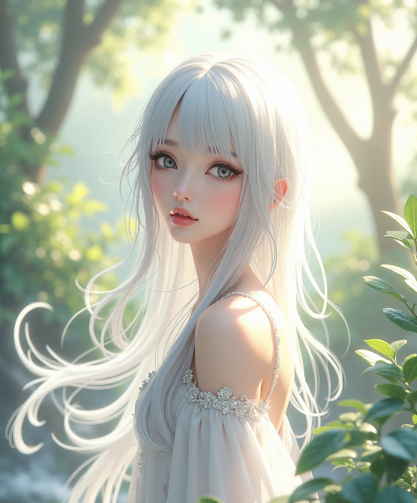 ((masterpiece)), ((best quality)), ((highres)), ((extremely detailed CG unity 8k wallpaper)), beautiful detailed eyes, beautiful detailed lips, extremely detailed eyes and face, long eyelashes, silver-haired woman, serene expression, detailed flowing dress, shimmering silver hair, lush outdoor garden setting, atmospheric lighting
