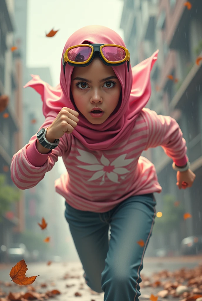 Malaysia women a realistic masterpiece. Human .wear pint watch.. 1girl wearing a hijab, detailed beautiful face, Hijab Muslim. Wear long sleeve moder design pink white pink stripe white. anger face, minimalist flower on shirt. Enger face. Open mouth. Glowing power pink. . Wear pink white.small Safety Pink yellow glasses google spectacle top of the head rubber band. . Flying position. Fast fly. Panning effect Photography . Jump on and have a super strong power.. punch . Fight pose. Bokeh background. fist front.. At the city. Bad waether. , detailed lips, long eyelashes. Hero, modest expression, delicate facial features, natural skin tones, , detailed folds and textures of hijab, natural lighting, high quality, photorealistic, 8k, best quality. Malaysia girl. Floating small stone and dry leave. ). Running effect. Glowing yellow power. Runfast effect. Wear blue big glasses big frame. Braces teeth. Boleh background. Panning effect.pink high tech watch. flying high on sky. flying on the sky.