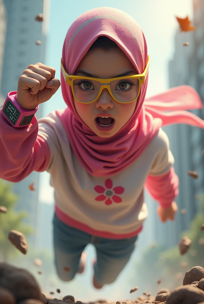 Malaysia women a realistic masterpiece. Human .wear pint watch.. 1girl wearing a hijab, detailed beautiful face, Hijab Muslim. Wear long sleeve moder design pink white pink stripe white. anger face, minimalist flower on shirt. Enger face. Open mouth. Glowing power pink. . Wear pink white.small Safety Pink yellow glasses google spectacle top of the head rubber band. Age 15 year old. Flying position. Fast fly. Panning effect Photography . Jump on and have a super strong power.. punch . Fight pose. Bokeh background. fist front.. At the city. Bad waether. , detailed lips, long eyelashes. Hero, modest expression, delicate facial features, natural skin tones, , detailed folds and textures of hijab, natural lighting, high quality, photorealistic, 8k, best quality. Malaysia girl. Floating small stone and dry leave. ). Running effect. Glowing yellow power. Runfast effect. Wear blue big glasses big frame. Braces teeth. Boleh background. Panning effect.pink high tech watch. flying high on sky. flying on the sky.