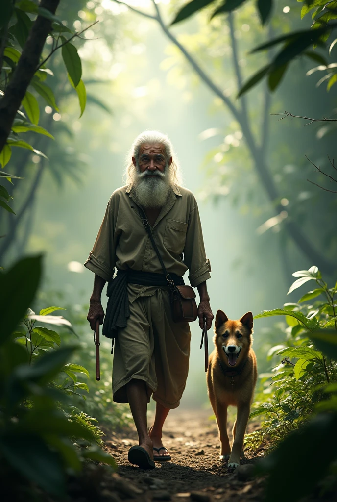 Photorealism 1.5 old native male smile white hair beard walking with native dog in the jungle sling bag shoeless machete on waist smoke fog effect sunlight silhouette