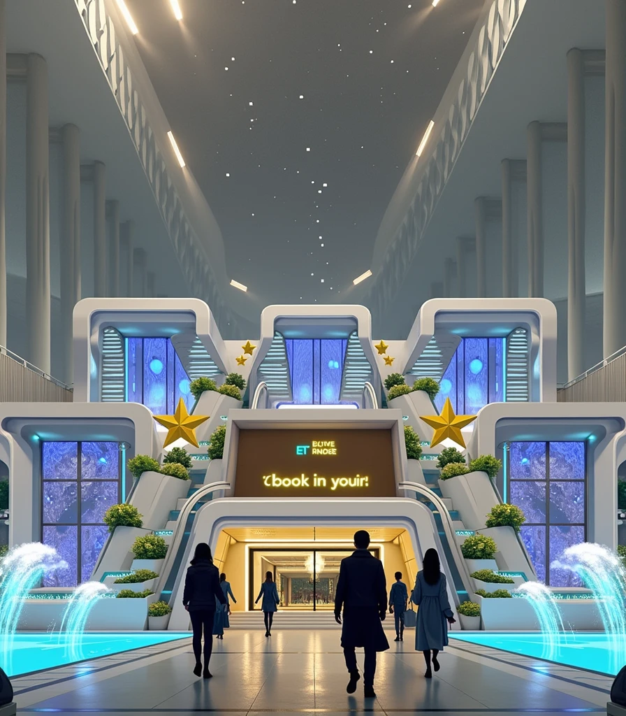 I want you to draw a building similar to the one I describe below.: It is a modern event building, with a sign that says &#39;Events House&#39; on the front, and has water fountains on both sides of the entrance. The windows are large and illuminated with blue lights.. On the sides there are decorative plants with purple flowers and large golden stars adorning the entrance..

Please, Improve the design by adding the following details:

Make the building look more futuristic and vibrant, using neon lights around the windows and entrance.
Change the &#39;Events House&#39; sign to something more elegant, like a shiny holographic sign.
Add lighting effects to water fountains, making the water appear to glow in different colors.
Give it a high-tech touch, with automatic doors and interactive screens at the entrance.
Keep the general design but add details that make it look like a state-of-the-art event center."