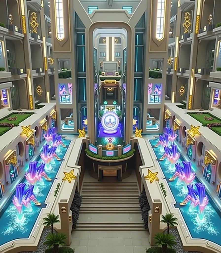 I want you to draw a building similar to the one I describe below.: It is a modern event building, with a sign that says 'Events House' on the front, and has water fountains on both sides of the entrance. The windows are large and illuminated with blue lights.. On the sides there are decorative plants with purple flowers and large golden stars adorning the entrance..
Please, Improve the design by adding the following details:
Make the building look more futuristic and vibrant, using neon lights around the windows and entrance.
Change the 'Events House' sign to something more elegant, like a shiny holographic sign.
Add lighting effects to water fountains, making the water appear to glow in different colors.
Give it a high-tech touch, with automatic doors and interactive screens at the entrance.
Keep the general design but add details that make it look like a state-of-the-art event center."