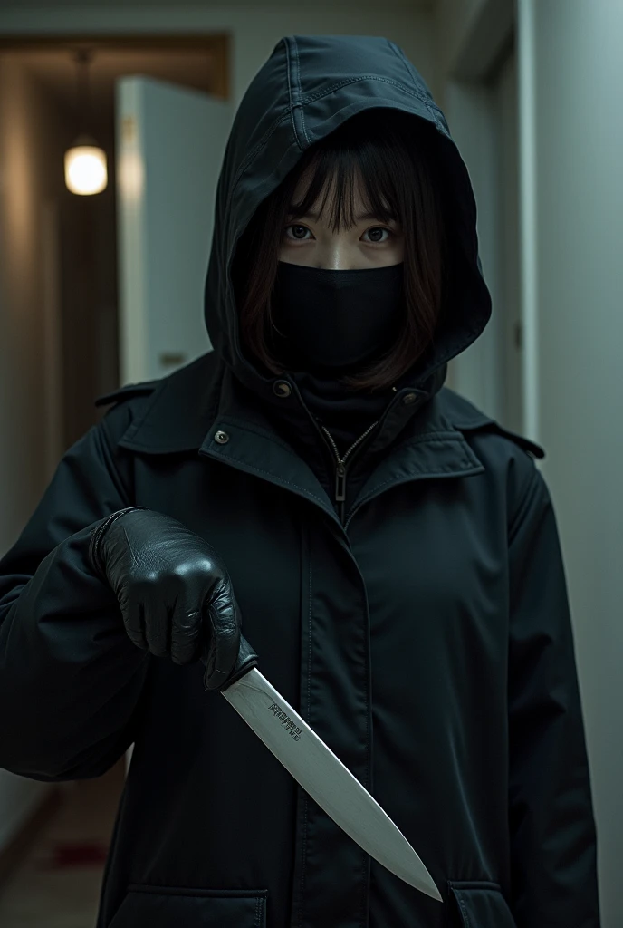 korean girl, (behind stiff, black balaclava mask), holding knife, stabbing, black leather gloves, entrance of the house, black raincoat, girl only, holding knife, leather gloves, behind cadaver, looking at viewer, blood splatter, night, mass murderer, killer, blood splatter,