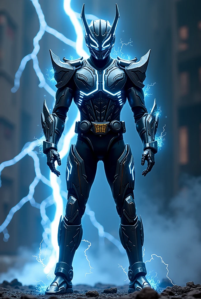 Design a modern, streamlined Kamen Rider suit inspired by electrical energy and lightning. Armor is stylized, emphasizing sharp lines and glowing details. Primary colors: black, silver, electric blue