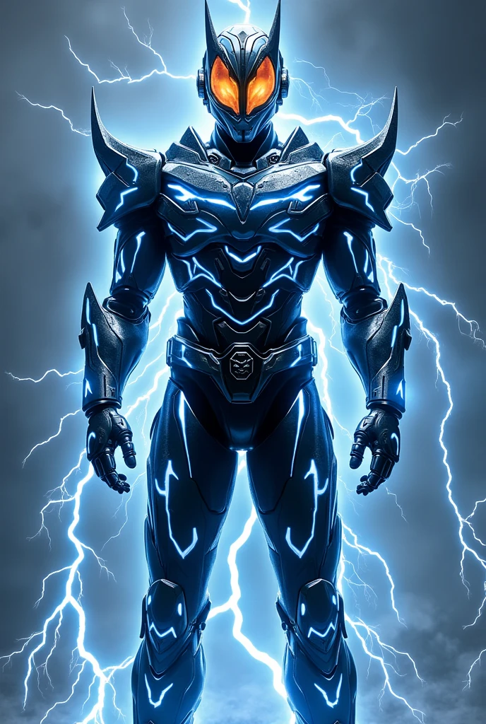 Design a modern, streamlined Kamen Rider suit inspired by electrical energy and lightning. Armor is stylized, emphasizing sharp lines and glowing details. Primary colors: black, silver, electric blue