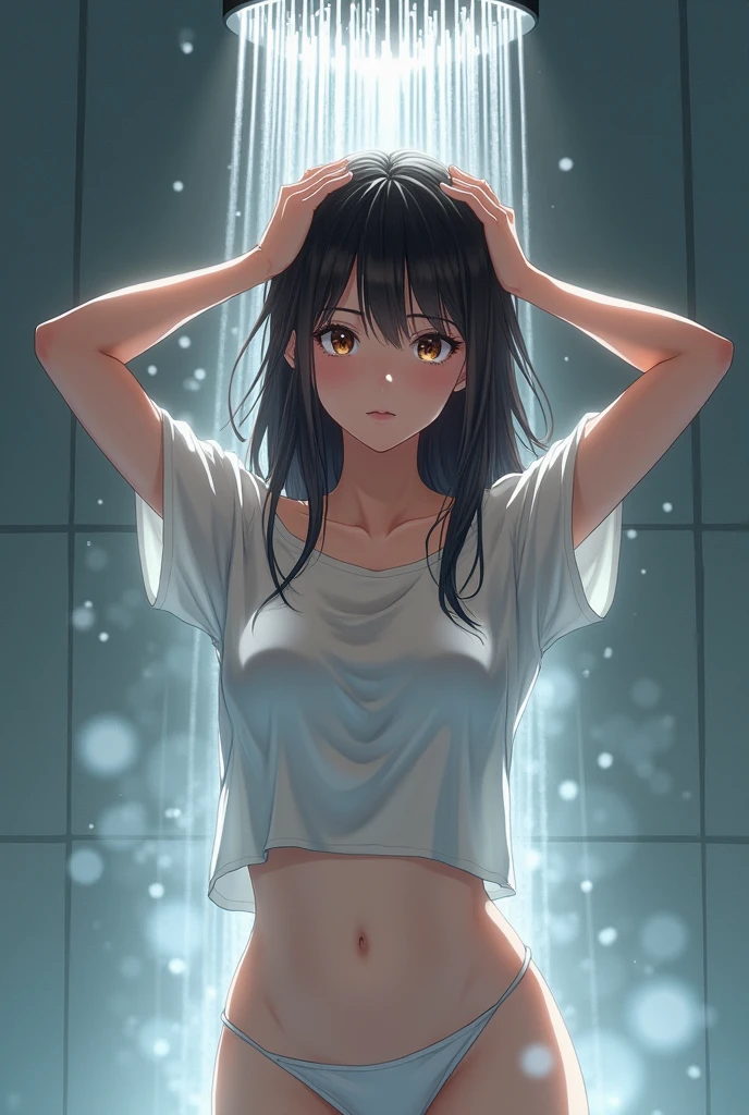 anime girl in the shower while wet shirt and hands on the head