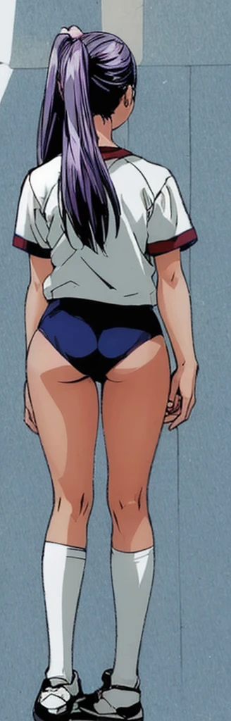 Momoko Koigakubo, with her beautiful legs, stands in a white gym uniform and light navy blue bloomers that look like panties.。Angle from behind。