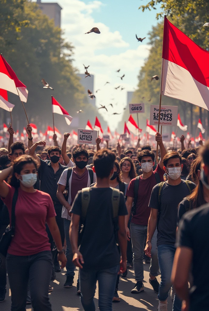 Students and the public wearing masks are holding a large demonstration"while carrying a sign saying "Reject the Bill" and while carrying a red and white flag and the situation was chaotic, people were throwing hard objects at each other.