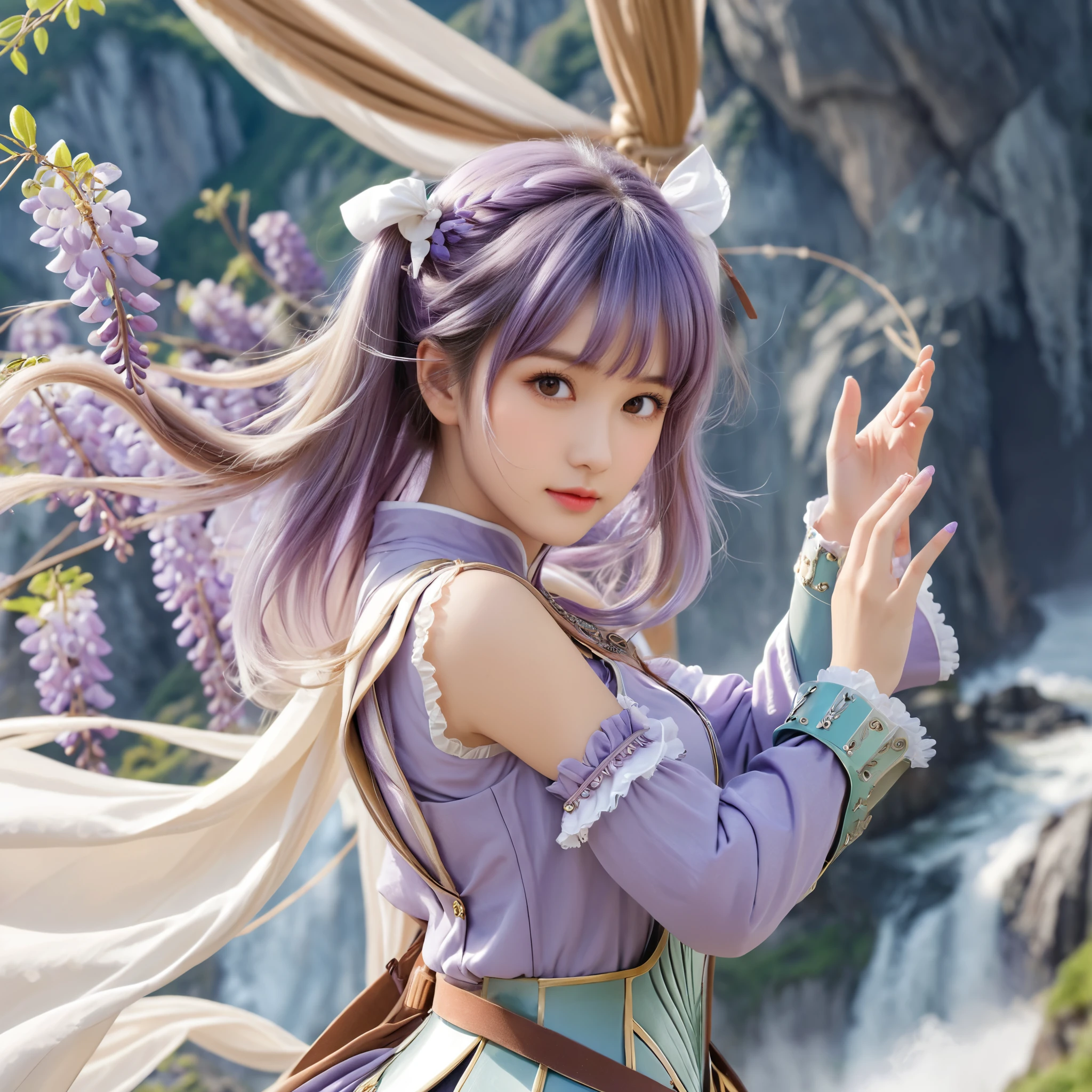 close up face, best quality, masterpiece, extremely beautiful and tender girl, Elegant Pose, small smile, beautiful tender eyes symmetrical, (beautiful and detailed face), beautiful long (twintail) hair, (wisteria purple hair:1.3), blunt bangs, nice hands, perfect hands, a lot of frills,
BREAK
(Illustration of a female knight controlling the wind。The characters are dressed in light and beautifully designed armor.、The light green and blue tones give a feeling of wind.。(There are multiple tornadoes around her)。Her hair and cape fluttering in the wind、He has a sharp expression that cuts through the air.。In the background are high cliffs and vast windswept plains.。)