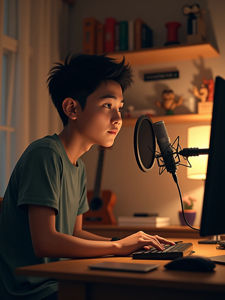 One khmer man around 20 years old sitting in the room and recoding the sound with his microphone and his computer.