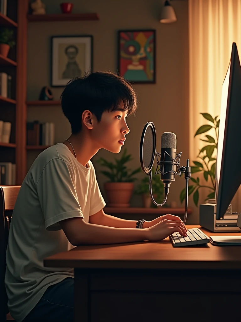 One khmer man around 20 years old sitting in the room and recoding the sound with his microphone and his computer.