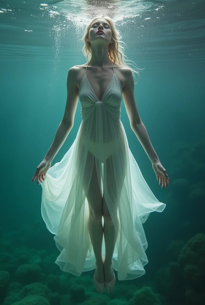 A perfect shot of a woman wearing a long dress, emerging from the water, seen from the bottom of the lake, submerging herself in the water with her arms gracefully extended, her eyes closed, her lips closed and her legs stretched out. Her hands are almost touching the surface of the water. Perfect face, perfect hands, ultra-realistic, style of perfection, epic, realistic, cinemascope, no nudity, see-through clothing,Ballet Pose