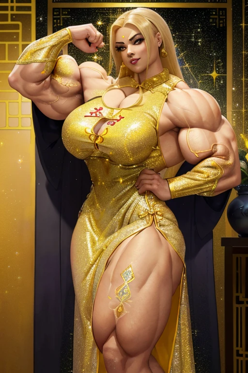 (Close view), tall, (yellow hair), beautiful muscular Latino woman, long flowing hair, light brown skinned, closed smile, (black lipstick), ((massive muscles)), (hyper muscle), ((ginormous bulky muscles)), grey eyes, ((((yellow sparkly cheongsam dress embroidered with metallic designs)))), gauntlets, choker, thigh high lace socks, (in japan)
