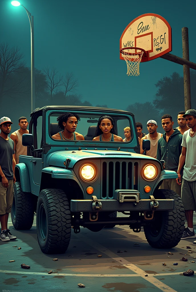 Generate me an image of a black girl with her black boyfriend in a jeep car with gang members 
around at a basketball court 