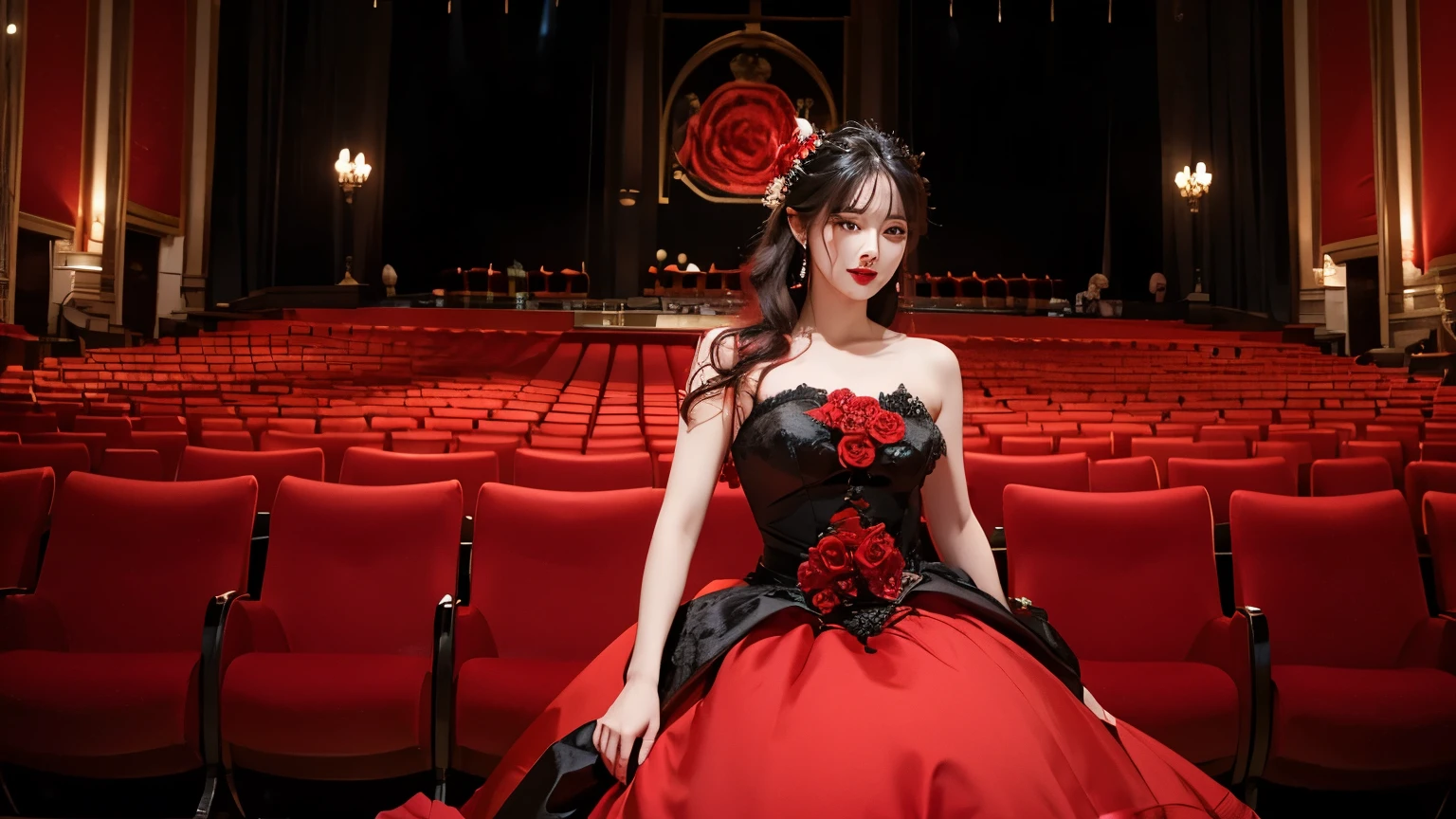 Opera House、woman、Wearing a red and black rose dress、Vermilion Hair