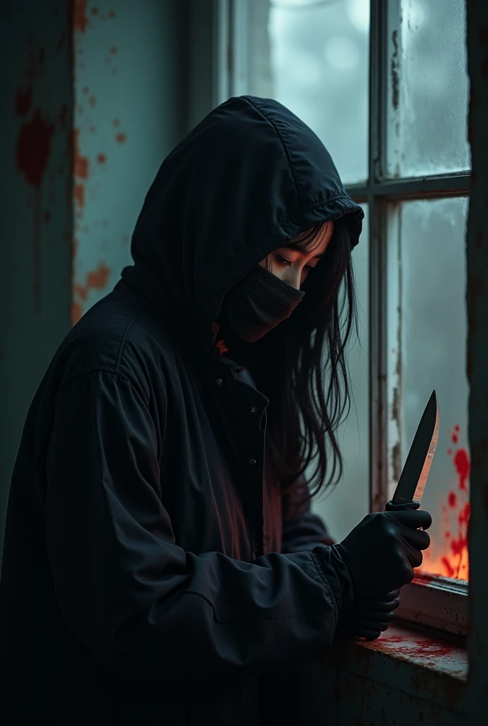 korean girl, (behind stiff, holding knife), stabbing, black surgical mask, black gloves, night forest, night, black raincoat, hood up, holding knife, black gloves, 20 years old, woman on top, behind cadaver, blood splatter, mass murderer, killer, blood splatter, by the window
