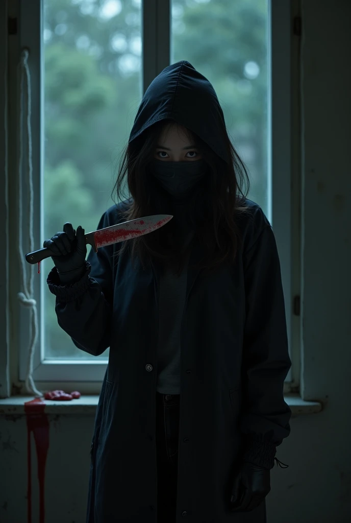 korean girl, (behind stiff, holding knife), stabbing, black surgical mask, black gloves, night forest, night, black raincoat, hood up, holding knife, black gloves, 20 years old, woman on top, behind cadaver, blood splatter, mass murderer, killer, blood splatter, by the window
