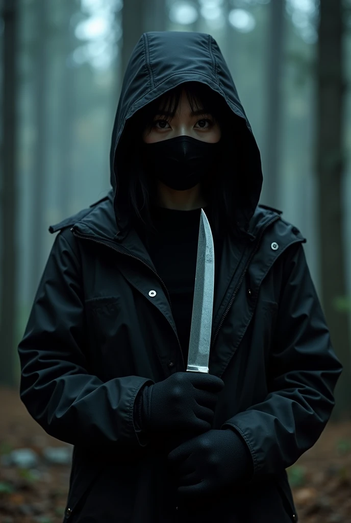 korean girl, (behind stiff, holding knife), stabbing, black surgical mask, black gloves, night forest, night, black raincoat, hood up, holding knife, black gloves, 20 years old, woman on top, behind cadaver, blood splatter, mass murderer, killer, blood splatter, by the window
