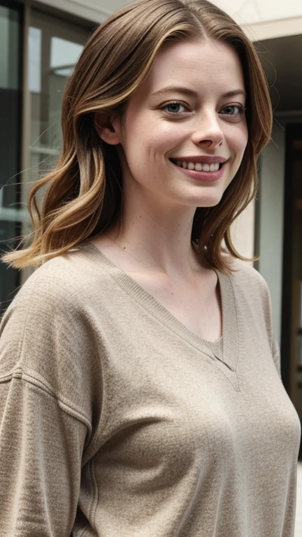 Gillian Jacobs wearing casual clothes with low-cut lines and smiling