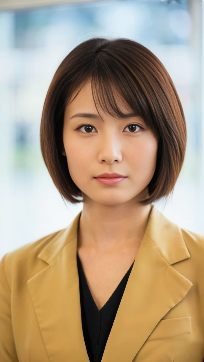 (top-quality, 16K, masterpiece:1.3), (ultra detailed), (masterpiece), (best quality), Highest quality, Realistic, surreal, Highest quality, Extremely detailed CG, Very delicate, 16K wallpaper, High resolution, A female manager working for a top company, 3, Very small mole on face, UNTITLED business suits, A very simple necklace, Japanese office with large windows, Japanese, slender body, very detailed, detailed fingers, detailed hands, detailed eyes, detailed legs, accurate and perfect human anatomy, real human skin, BREAK ((look into the viewer's eyes:1.5)), ((looking at viewer:1.5)), ((Front view:1.5)), ((from front:1.5)),