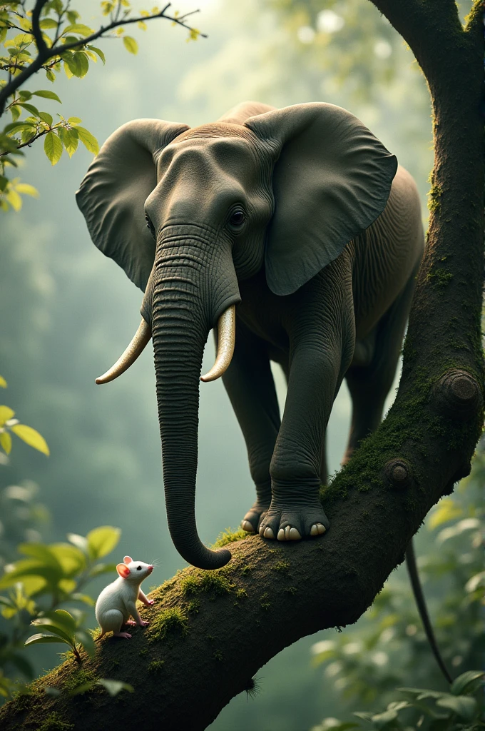 Surreal photo of a large elephant sitting on a thick tree branch, the elephant's massive form contrasts whimsically with the tiny white mouse below, elephant gazing downward, mouse looking up, front view framing their interaction, set against a natural forest backdrop with lush vegetation, illuminated by soft sunlight filtering through the trees, shot with a Nikon F2, styled after Steve Bloom.