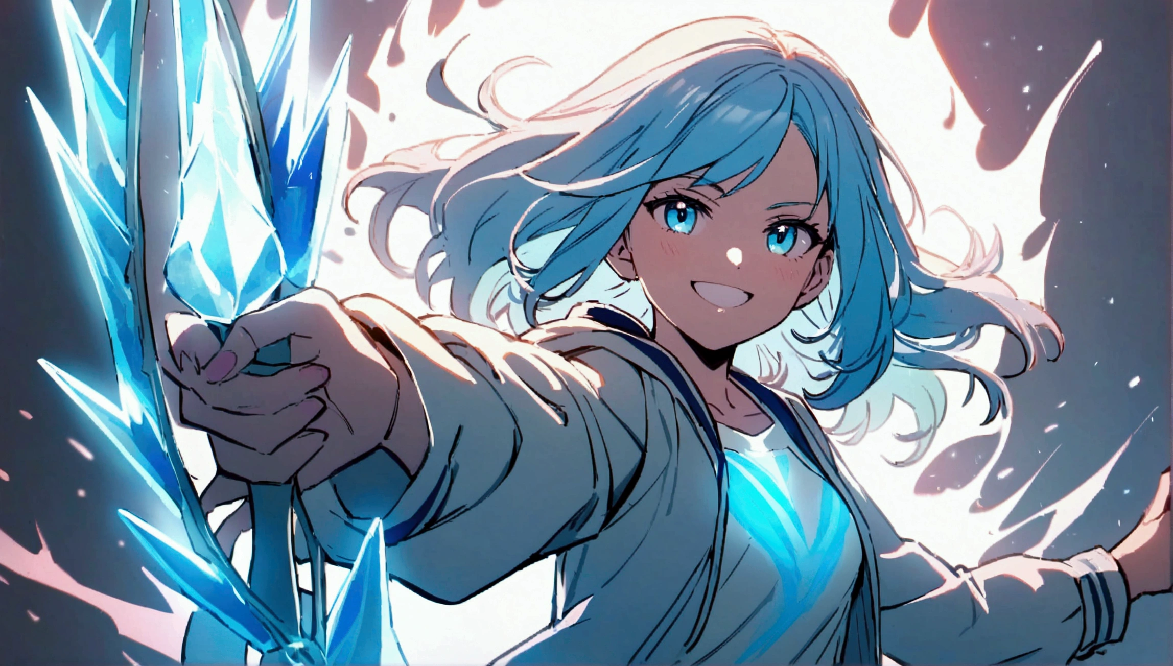 Teenage girl, tidy hair, medium length hair, multicolored pink and light blue hair, cheerful grin, cerulean blue eyes, white shirt, school blue jacket, blue tattoos on the body, holding an ice recurve bow, aura of ice