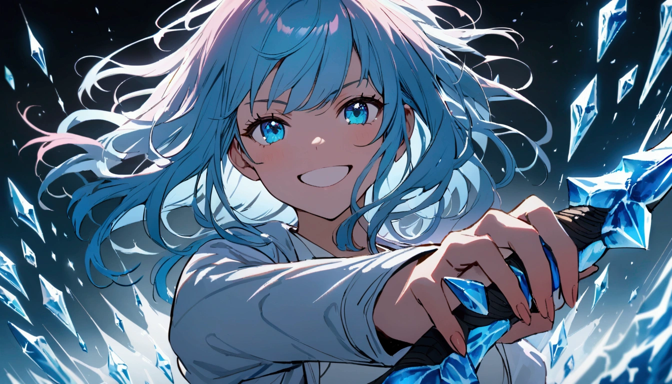girl, tidy hair, medium length hair, multicolored pink and light blue hair, cheerful grin, cerulean blue eyes, white shirt, school blue jacket, blue tattoos on the body, holding an ice recurve bow, aura of ice
