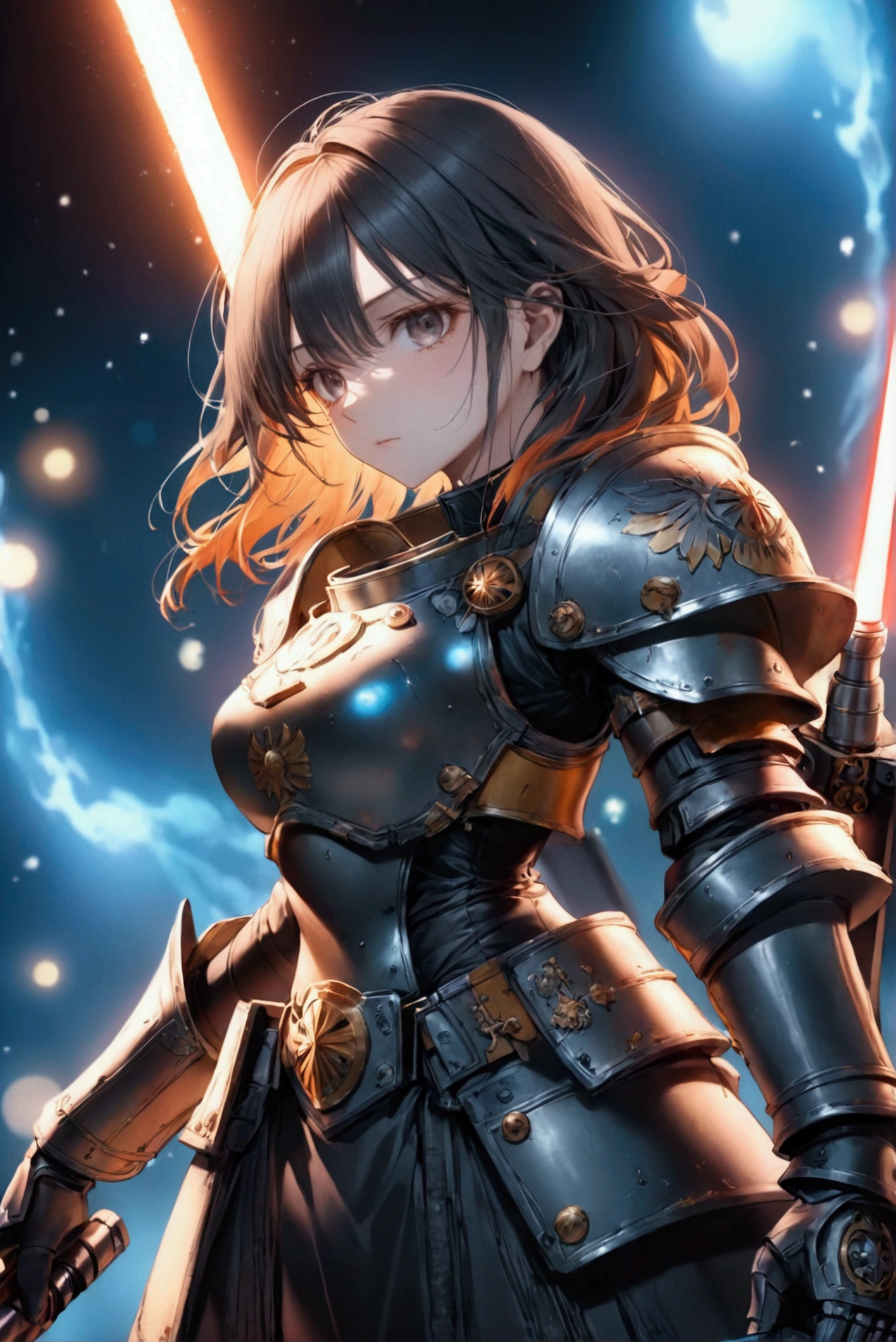 female knight(black金、warhammer 40,000, armor、Abyss、animation、Polishing、Illustration retouching、concentrated、Lightsabers))、Wet lens、bokeh、102MP GFX100 +GF110mm2.Taken with 0R WR、RAW file image, Optimized visual effects、Professional photo with vignette effect、black、Pale、white、orange、 EOS R50・RF35mm F1.8 MACRO IS STM・F2・1/2000 seconds・ISO100、Hologram processing