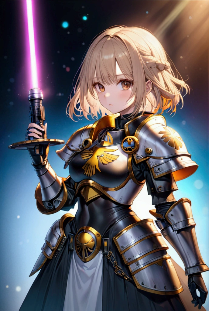 female knight(black金、warhammer 40,000, armor、Abyss、animation、Polishing、Illustration retouching、concentrated、Lightsabers))、Wet lens、bokeh、102MP GFX100 +GF110mm2.Taken with 0R WR、RAW file image, Optimized visual effects、Professional photo with vignette effect、black、Pale、white、orange、 EOS R50・RF35mm F1.8 MACRO IS STM・F2・1/2000 seconds・ISO100、Hologram processing