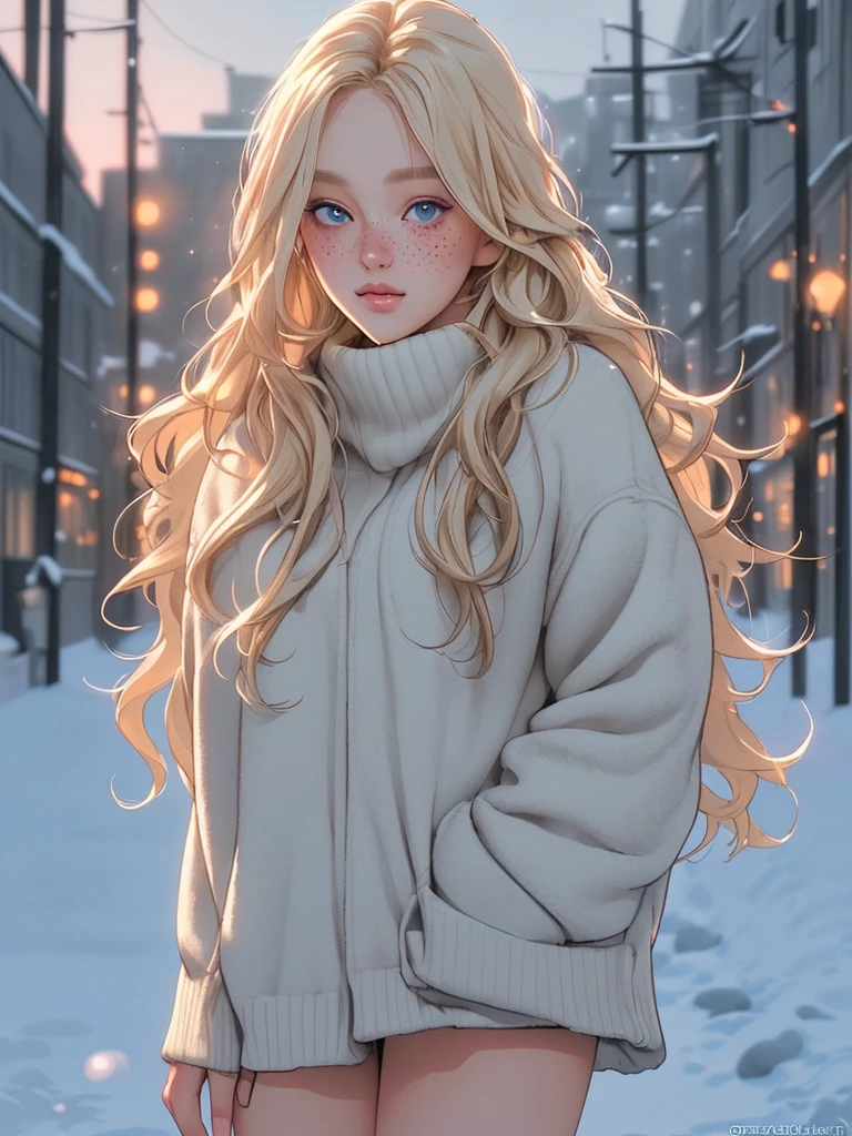 professional portrait photograph of a gorgeous Norwegian girl in winter clothing with long wavy blonde hair, ((sultry flirty look)), freckles, beautiful symmetrical face, cute natural makeup, ((standing outside in snowy city street)), stunning modern urban upscale environment, ultra realistic, concept art, elegant, highly detailed, intricate, sharp focus, depth of field, f/1.8, 85mm, medium shot, mid shot, (centered image composition), (professionally color graded), ((bright soft diffused light)), volumetric fog, trending on instagram, trending on tumblr, hdr 4k, 8k
