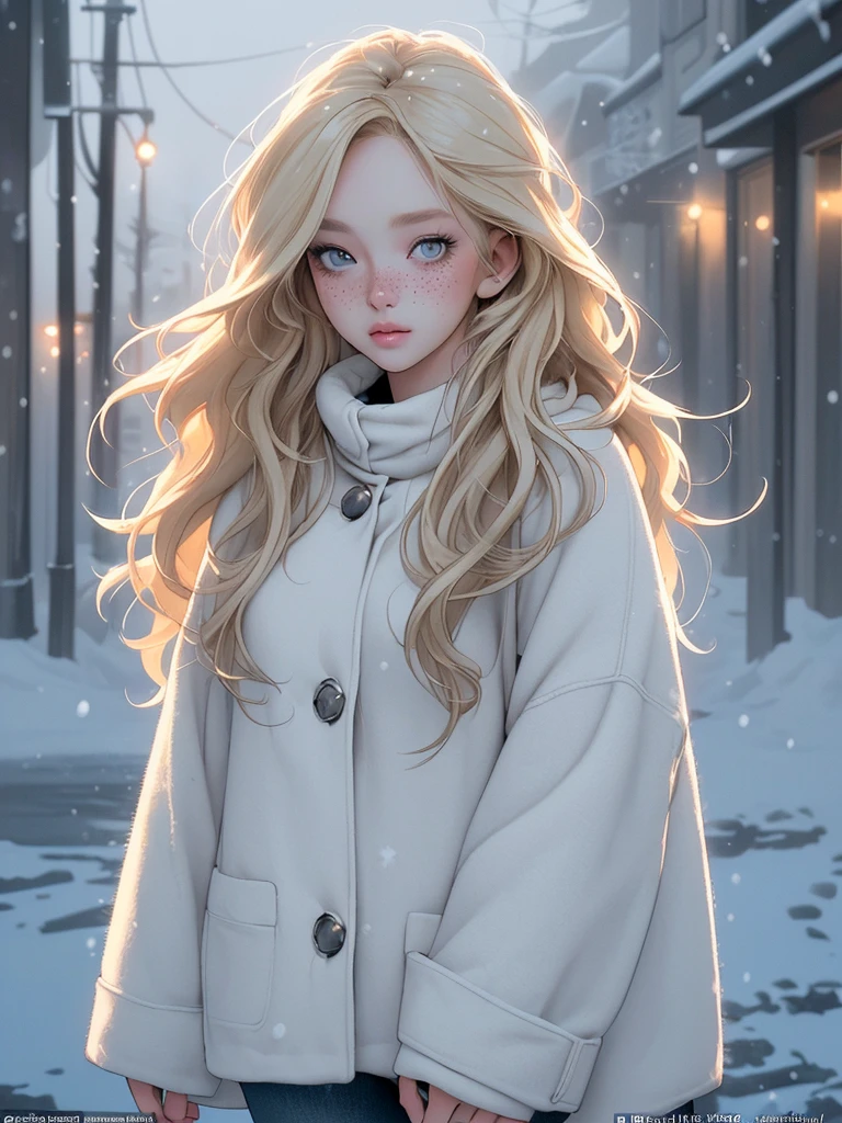 professional portrait photograph of a gorgeous Norwegian girl in winter clothing with long wavy blonde hair, ((sultry flirty look)), freckles, beautiful symmetrical face, cute natural makeup, ((standing outside in snowy city street)), stunning modern urban upscale environment, ultra realistic, concept art, elegant, highly detailed, intricate, sharp focus, depth of field, f/1.8, 85mm, medium shot, mid shot, (centered image composition), (professionally color graded), ((bright soft diffused light)), volumetric fog, trending on instagram, trending on tumblr, hdr 4k, 8k