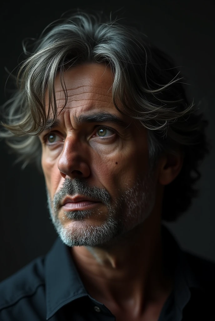Portrait of middle hair guy, shot from below