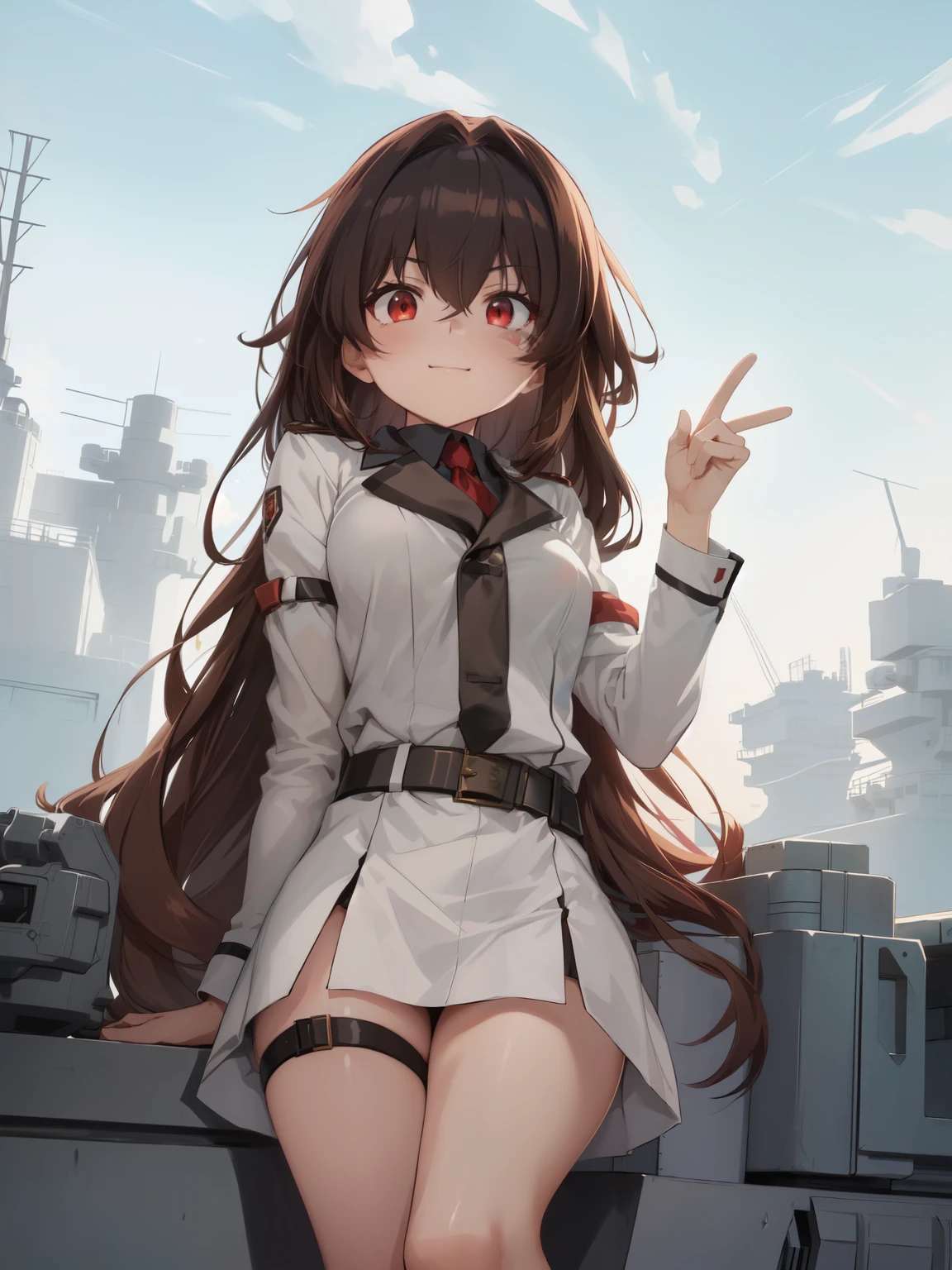 anime character with long brown hair and red eyes, anime visual of a cute girl, anime visual, konpeki no kantai, rb6s), 8k, Highly Detailed, Masterpiece, source_anime, best quality, beautifully detailed eyes and beautifully detailed hair, 1girl, solo, Anime-style illustration featuring a confident character with long dark hair and striking red eyes. The character is wearing a light-colored, buttoned-up uniform with black trim and a red tie. The uniform includes a belt with a silver buckle and dark cuffs. The character's expression is determined, with a slight smirk on their face. The background is simple and light, focusing attention on the character, the sleeves are the same color as the uniform