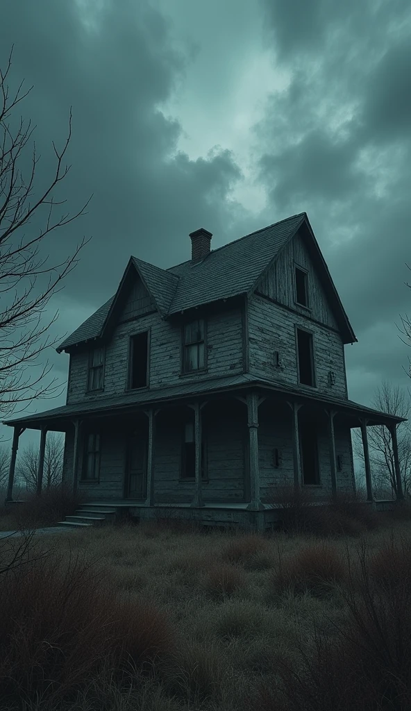Scary scene of an old, abandoned house, showing old windows and doors with a dark and cloudy sky.