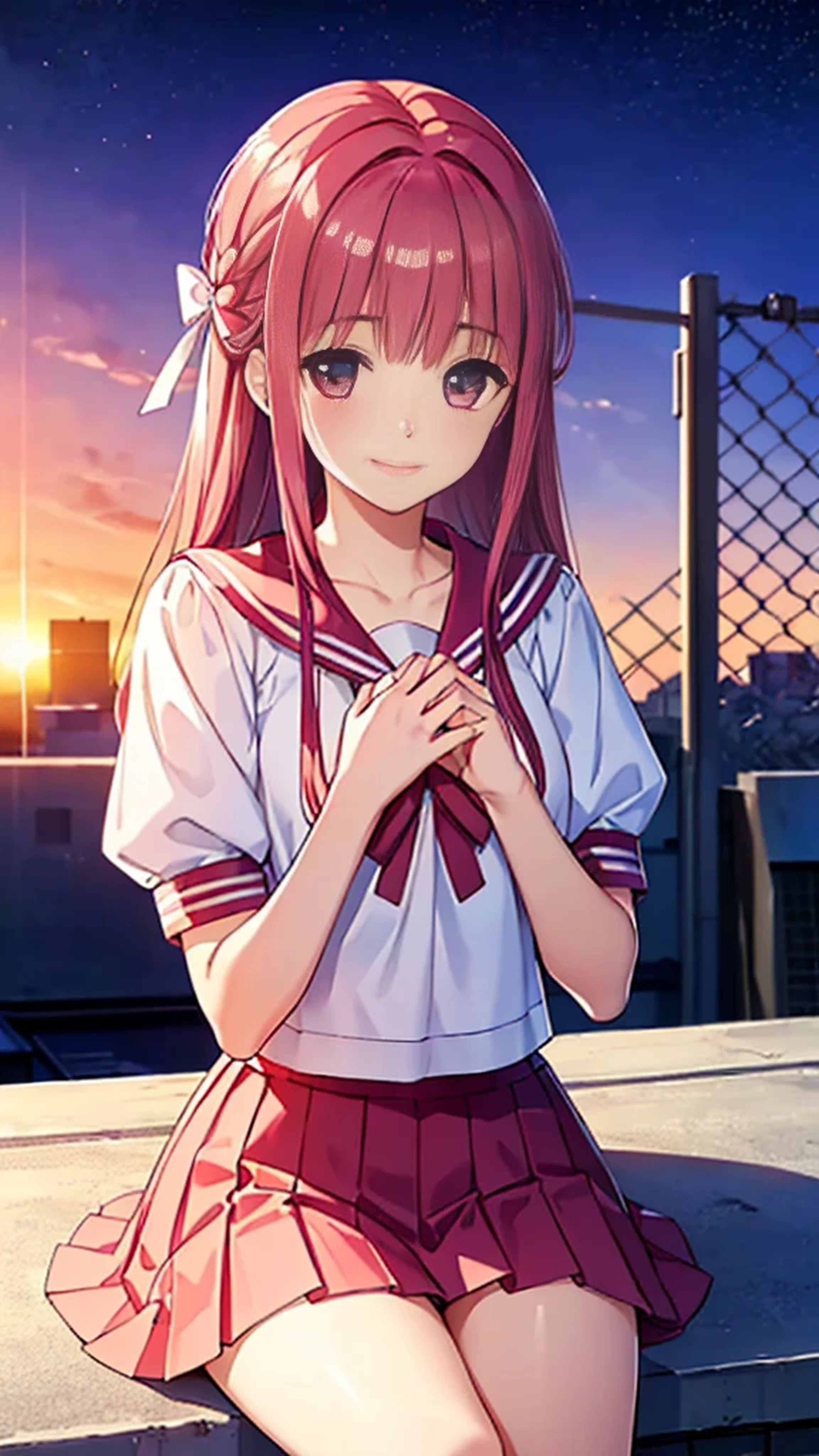 Highest quality, (masterpiece:1.2), Very detailed, A siren in the form of a very beautiful girl is sitting., (((Beautiful long, Very shiny pink hair))), She has a big ribbon in her hair., ((Pink Sailor Suit)), ((Pink pleated skirt)), Silk ivory blouse, Puff sleeves with ivory ribbon, Smile at your audience, ((so beautiful, detailed, Clear pink eyes)), Laughter, Big ribbon bow tie, An elegant and gentle expression like a noble princess, (( (Winter Night、With the sunset and the fence behind、Receiving a confession on the school rooftop。I got closest to that smile:1.1)), (Place your hands on your chest:1.3), Two Arms, (cinematic angle:1.1),