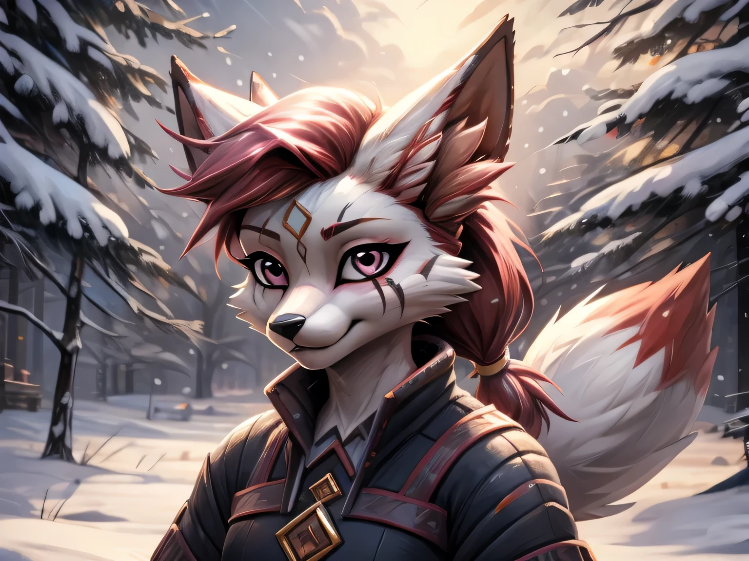 kimiko, furry female anthro, fox girl, multiple tails, solo, short ponytail, scar on the eye, detailed face, masterpiece, dressed, snowy day, snow