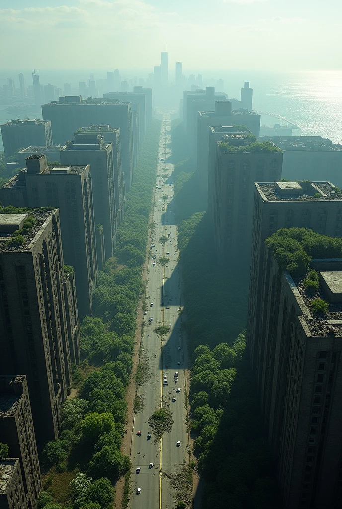 Ruins of a big city,Eternal Silence,Photographic images,Mr.々Various types of buildings and highways,Wide-area images taken from a high altitude,The sea shining in the distance,Part of it begins to be covered by vegetation.,unmanned,Collapsed or falling buildings,