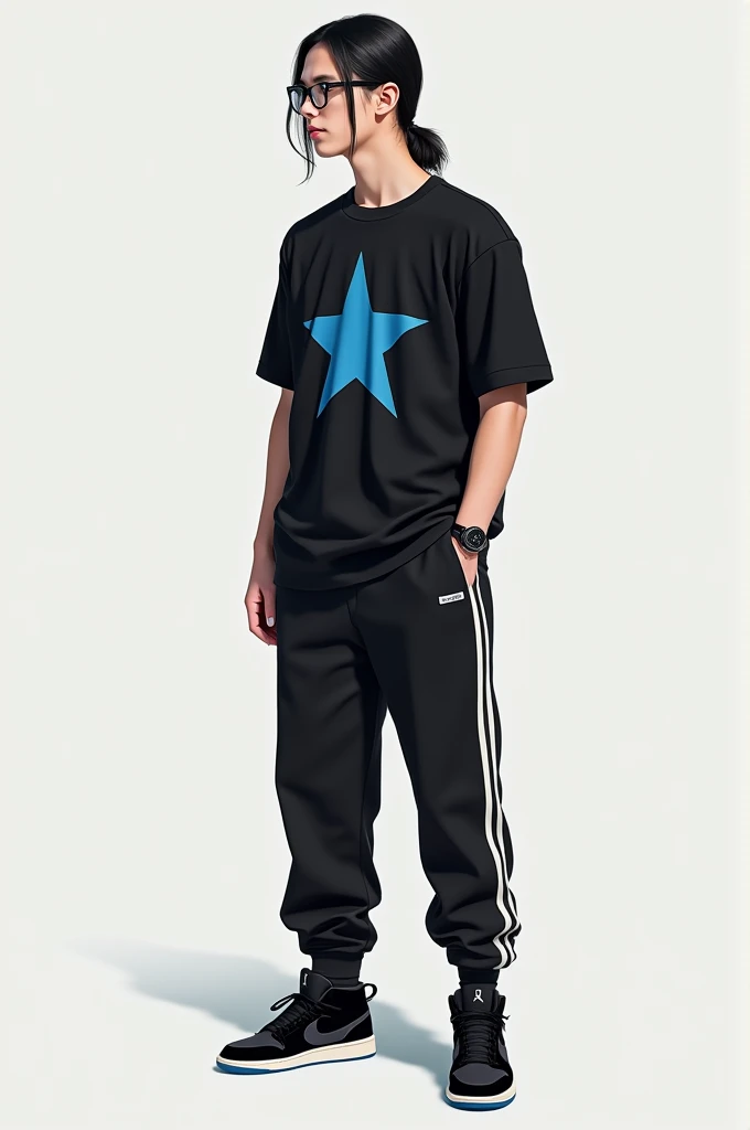 a young man of 1,60 at 1, with ponytail hair that reaches about halfway down the neck, he wears black glasses and a black blouse with a blue star print,His pants are black with white stripes on the vertical sides and he wears black and white Jordans.